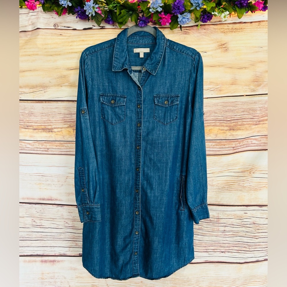 Banana Republic Blue Dark Wash Chambray Long Sleeve Button Up Shirt Dress Size 8